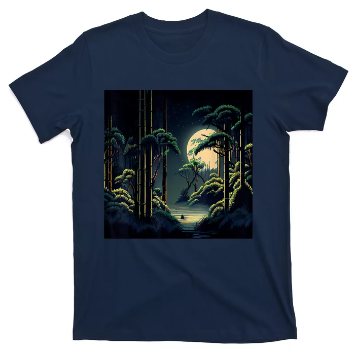 Japanese Bamboo Forest Pixelated Moonlight River T-Shirt