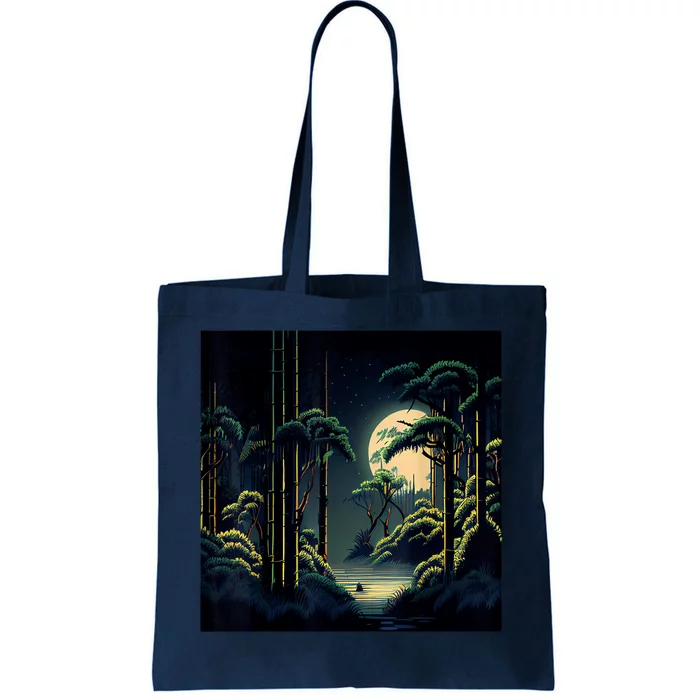 Japanese Bamboo Forest Pixelated Moonlight River Tote Bag