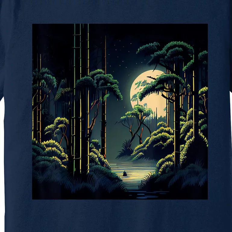 Japanese Bamboo Forest Pixelated Moonlight River Premium T-Shirt