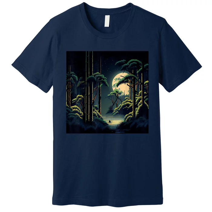 Japanese Bamboo Forest Pixelated Moonlight River Premium T-Shirt