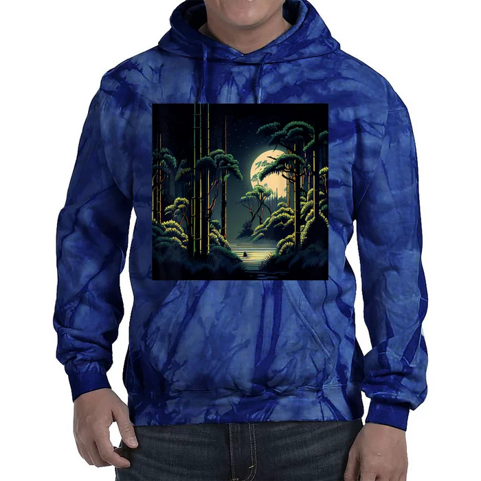 Japanese Bamboo Forest Pixelated Moonlight River Tie Dye Hoodie