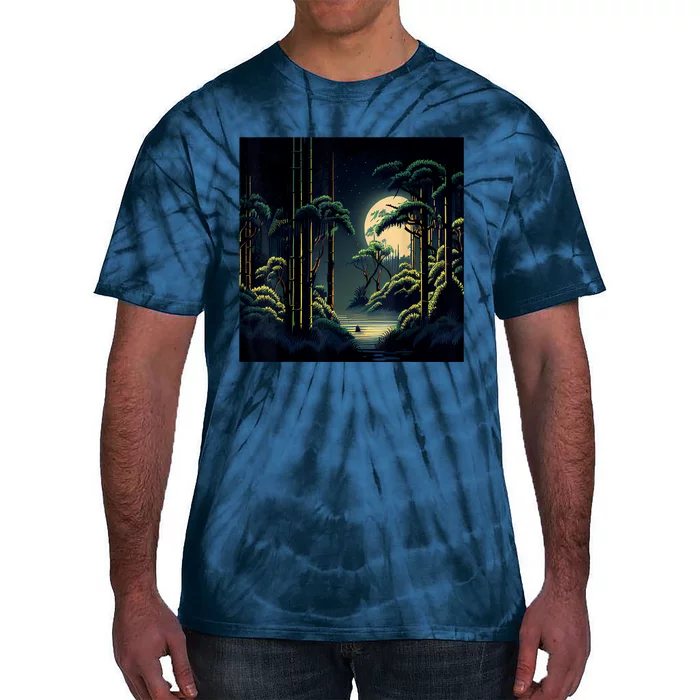 Japanese Bamboo Forest Pixelated Moonlight River Tie-Dye T-Shirt