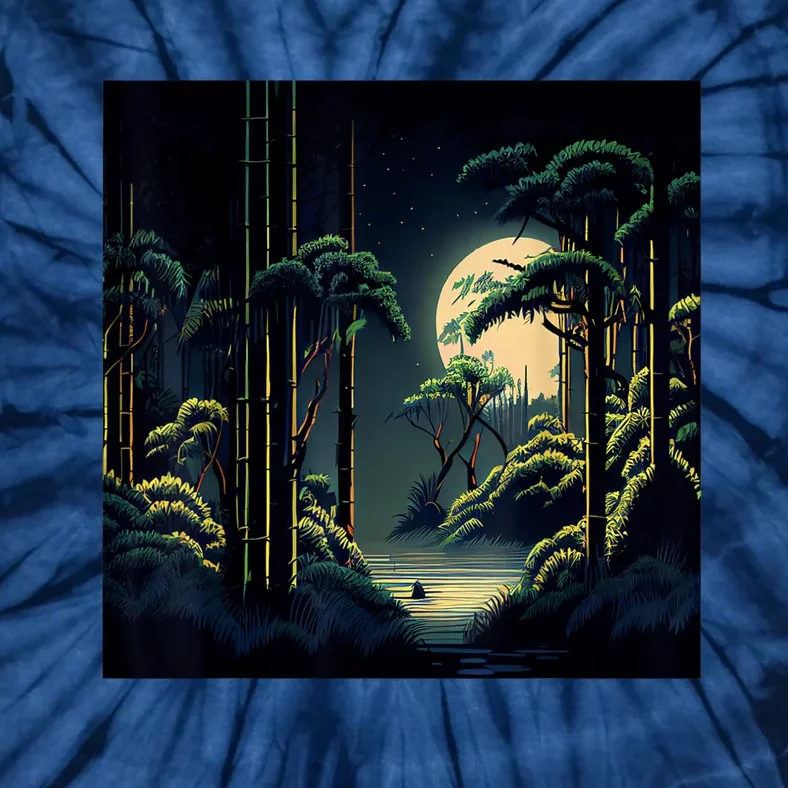 Japanese Bamboo Forest Pixelated Moonlight River Tie-Dye T-Shirt