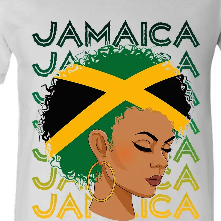 Jamaican Black Girl Jamaica Flag Hair V-Neck T-Shirt