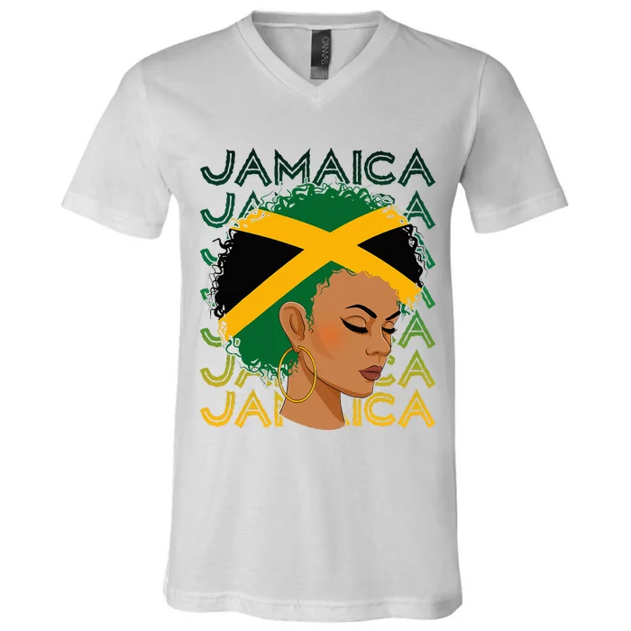 Jamaican Black Girl Jamaica Flag Hair V-Neck T-Shirt