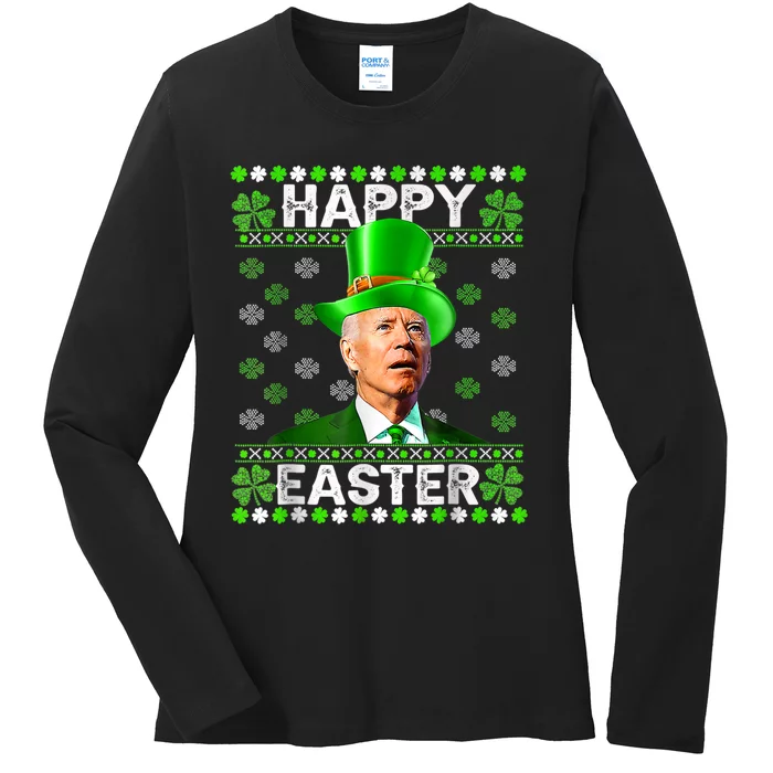 Joe Biden Happy Easter Confused Funny St Patrick's Day Ladies Long Sleeve Shirt