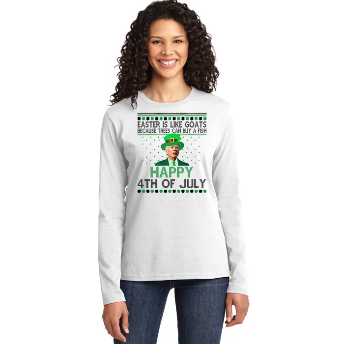 Joe Biden Happy 4th Of July Confused St Patricks Day Funny Ladies Long Sleeve Shirt