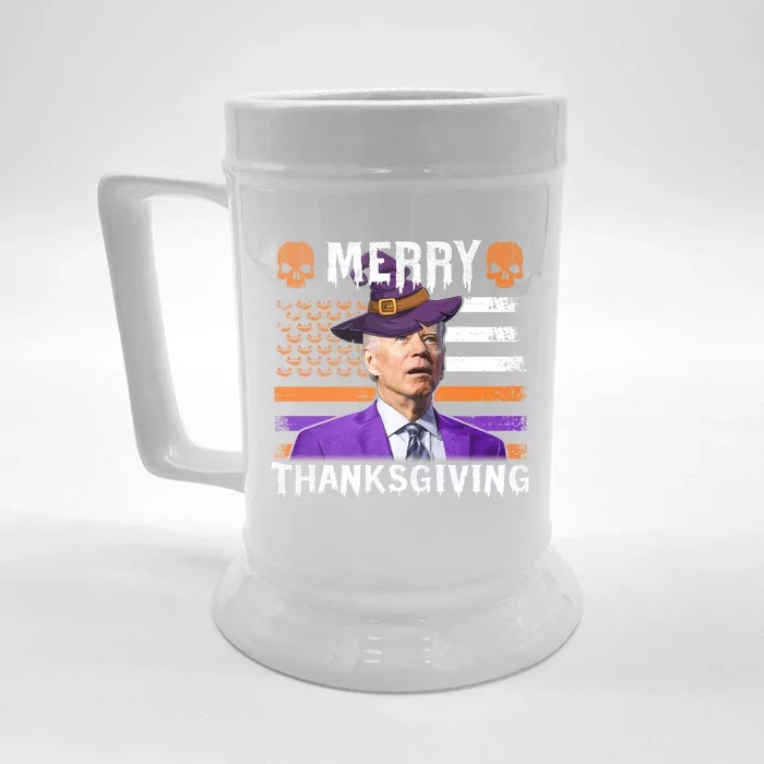 Joe Biden Happy Halloween Shirt Merry Thanksgiving US Flag Front & Back Beer Stein