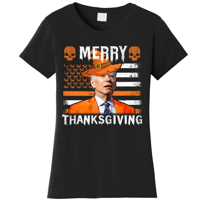 Joe Biden Happy Halloween Shirt Merry Thanksgiving US Flag Women's T-Shirt