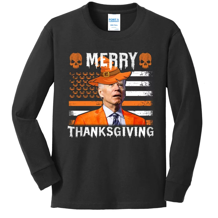 Joe Biden Happy Halloween Shirt Merry Thanksgiving US Flag Kids Long Sleeve Shirt