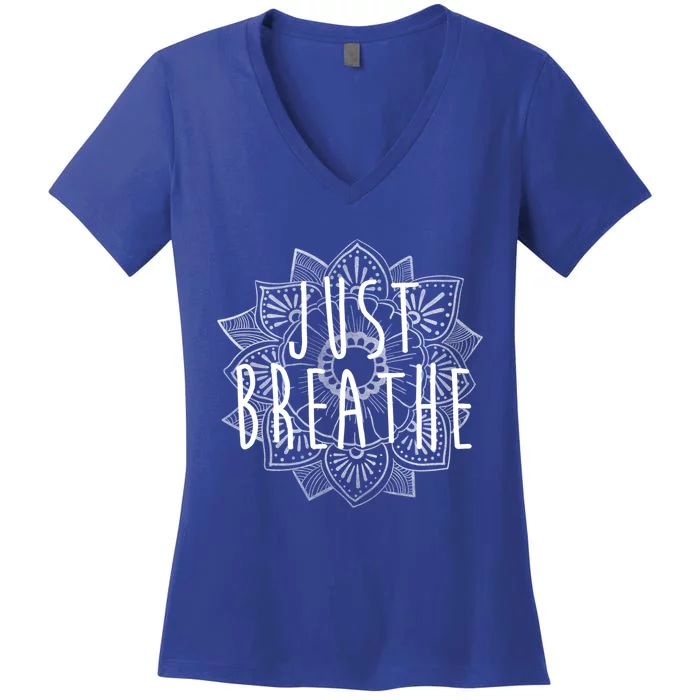 Just Breathe Henna Flower Yoga Gift Women's V-Neck T-Shirt