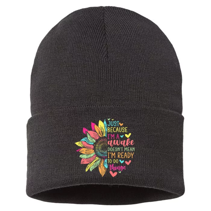 Just Because IM Awake Funny For Tweens & Teens Retro Groovy Sustainable Knit Beanie