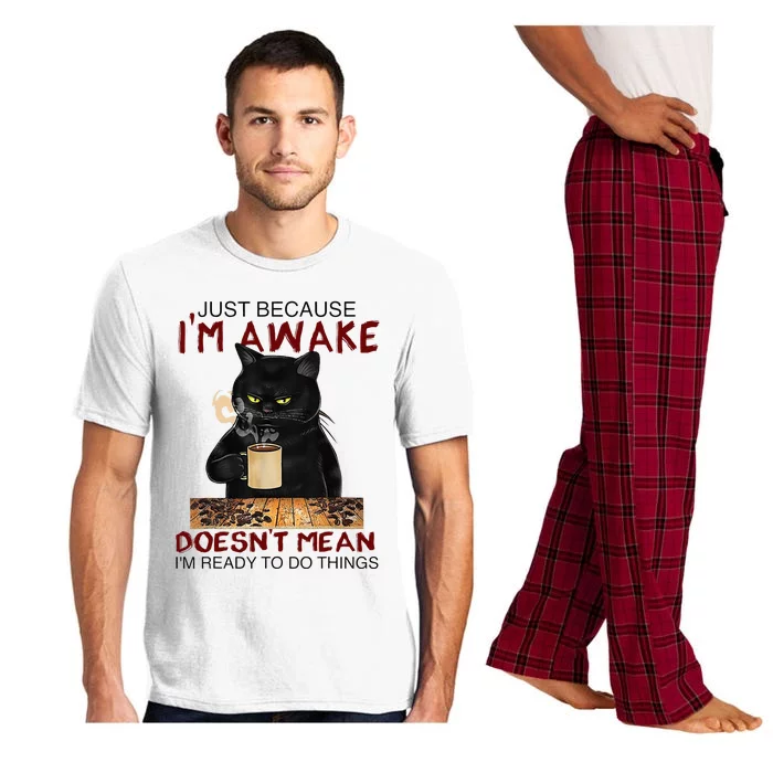 Just Because Im Awake Funny Coffee Cat Lover Men Kids Pajama Set