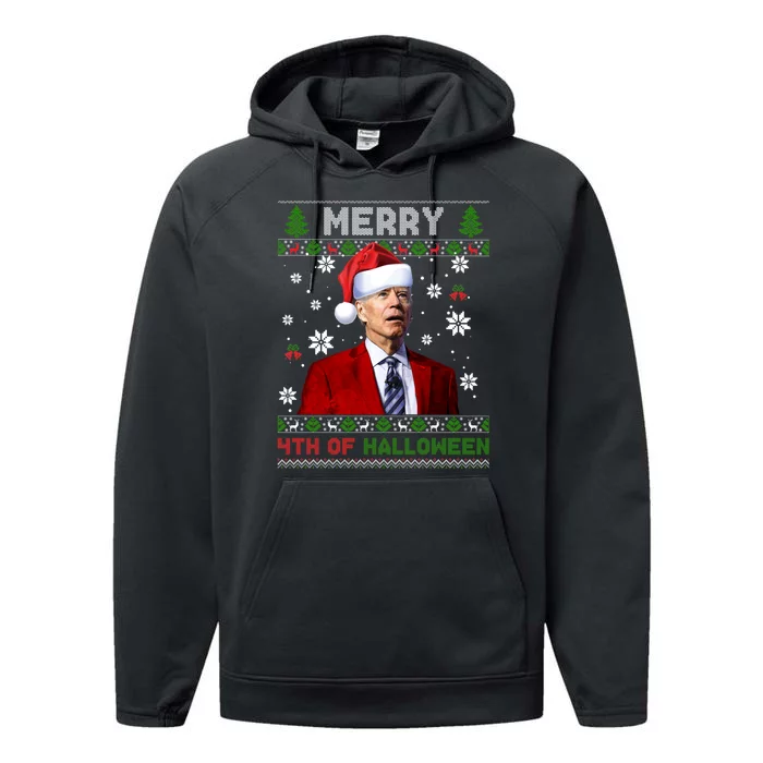 Joe Biden Merry 4th Of Halloween Funny FJB Anti Biden Ugly Christmas Sweater Performance Fleece Hoodie