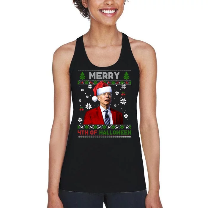 Joe Biden Merry 4th Of Halloween Funny FJB Anti Biden Ugly Christmas Sweater Women's Racerback Tank