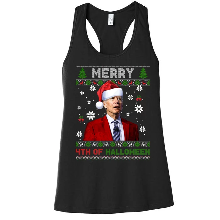 Joe Biden Merry 4th Of Halloween Funny FJB Anti Biden Ugly Christmas Sweater Women's Racerback Tank