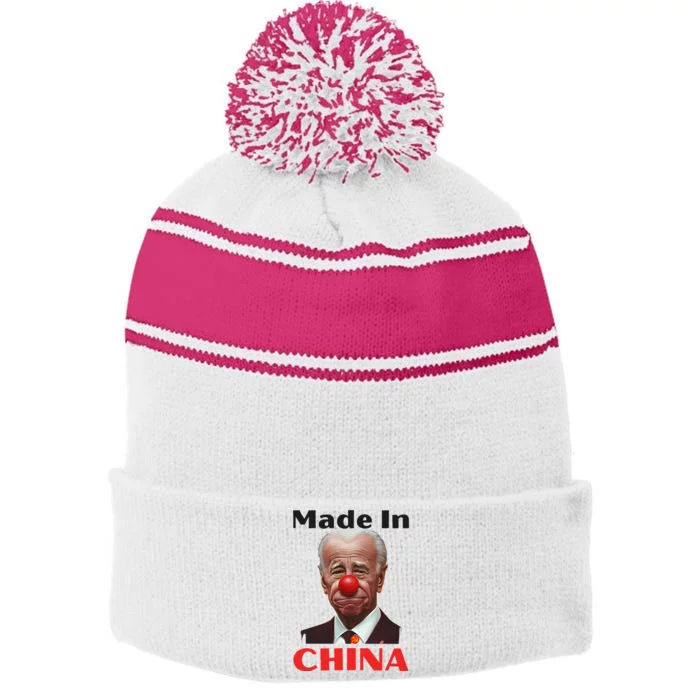 Joe Biden Made In China Maga 2024 Trump Stripe Pom Pom Beanie