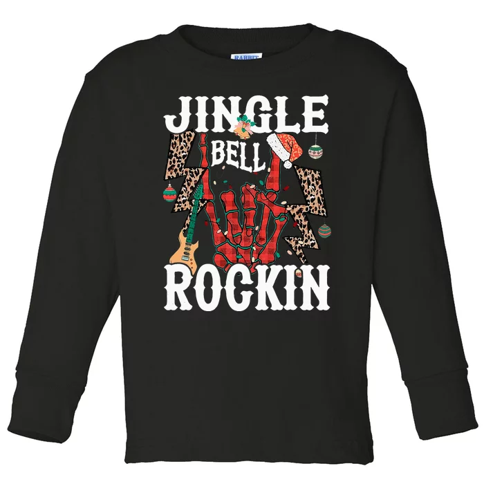 Jingle Bell Rockin Christmas Rock Sign Retro Music Guitar Toddler Long Sleeve Shirt