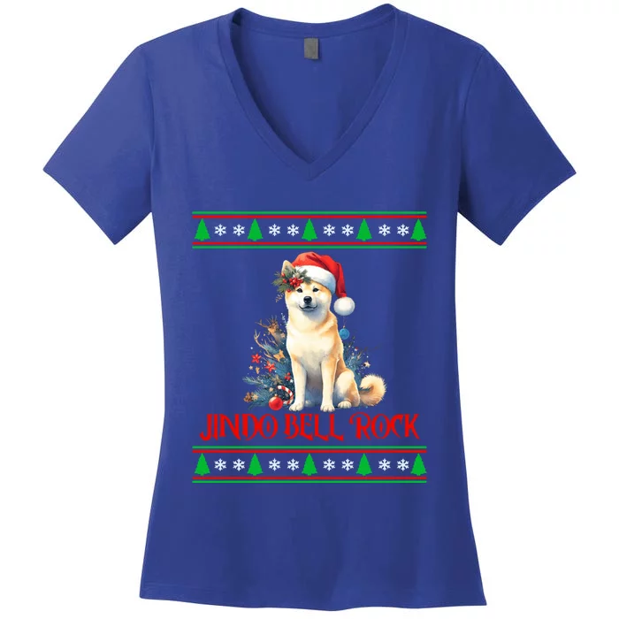 Jindo Bell Rock Cute Xmas Jindo Dog Santa Christmas Puns Gift Women's V-Neck T-Shirt