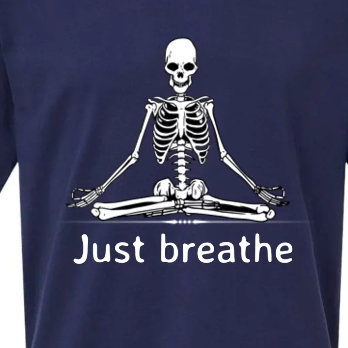 Just Breathe Skeleton In Lotus Flower Pose Yoga Funny Design Gift Sueded Cloud Jersey T-Shirt