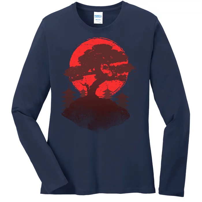 Japanese Bonsai Tree Scene Ladies Long Sleeve Shirt