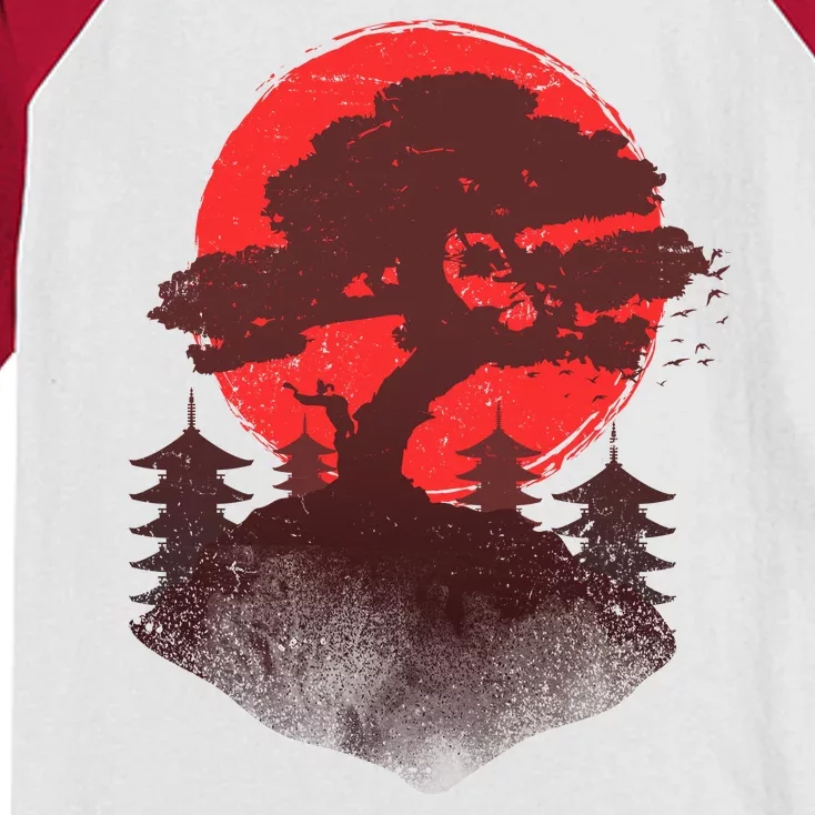 Japanese Bonsai Tree Scene Kids Colorblock Raglan Jersey