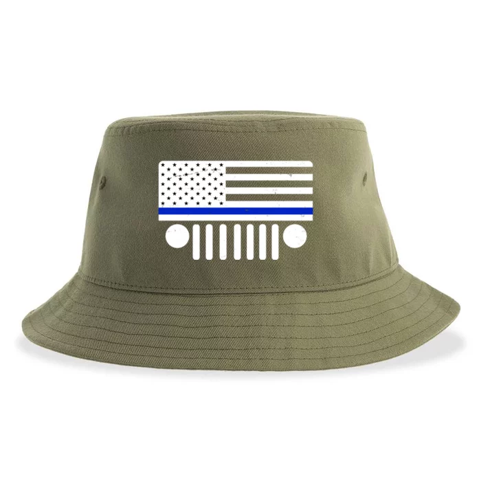 Blue Thin Line American Flag Car Off Roading Sustainable Bucket Hat