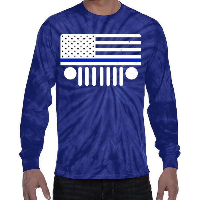 Blue Thin Line American Flag Car Off Roading Tie-Dye Long Sleeve Shirt