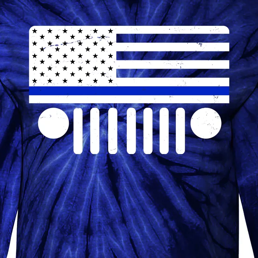 Blue Thin Line American Flag Car Off Roading Tie-Dye Long Sleeve Shirt