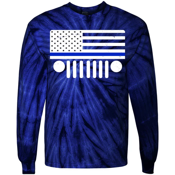 Blue Thin Line American Flag Car Off Roading Tie-Dye Long Sleeve Shirt