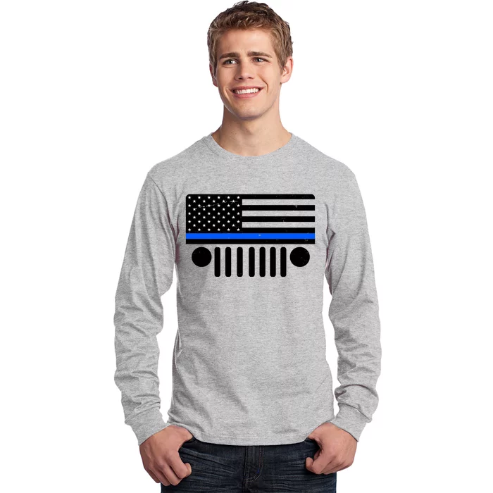 Blue Thin Line American Flag Car Off Roading Long Sleeve Shirt