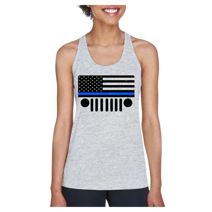 Blue Thin Line American Flag Car Off Roading Women's Racerback Tank