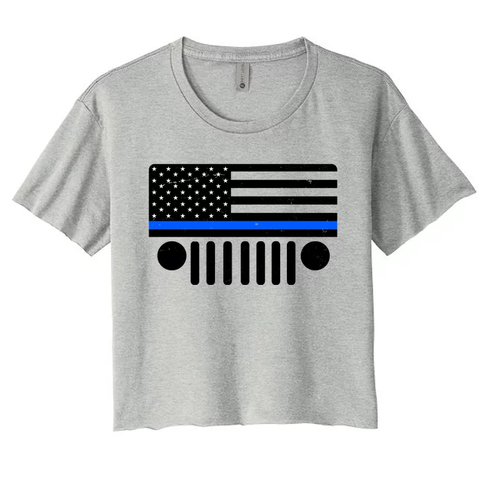 Blue Thin Line American Flag Car Off Roading Women's Crop Top Tee