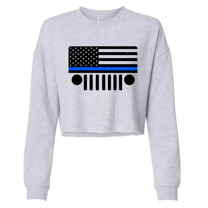 Blue Thin Line American Flag Car Off Roading Cropped Pullover Crew