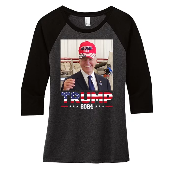 Joe Biden Wearing A Trump Hat Women's Tri-Blend 3/4-Sleeve Raglan Shirt