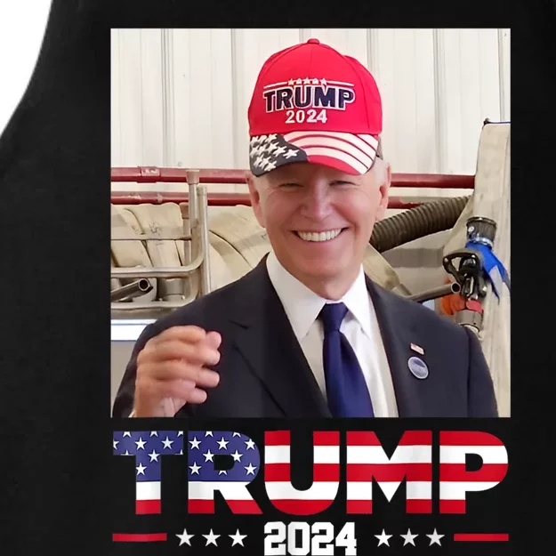 Joe Biden Wearing A Trump Hat Ladies Tri-Blend Wicking Tank