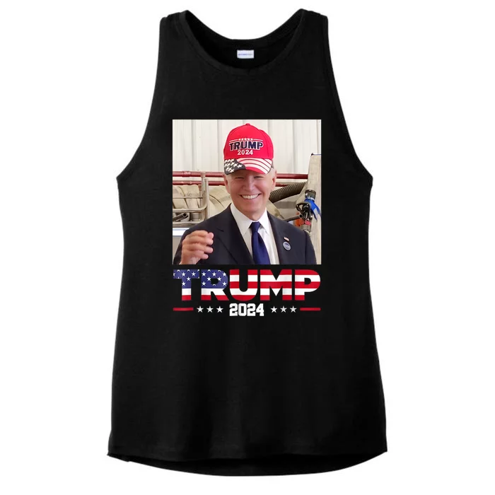 Joe Biden Wearing A Trump Hat Ladies Tri-Blend Wicking Tank