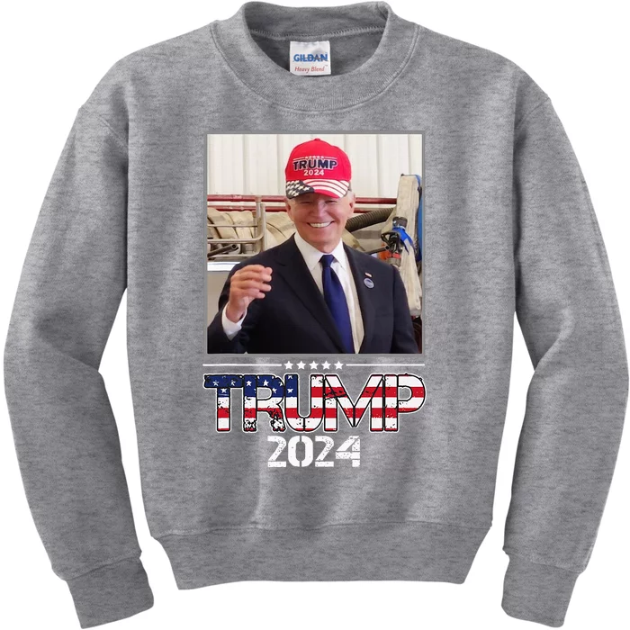 Joe Biden Wearing A Trump Hat Election 2024 Kids Sweatshirt