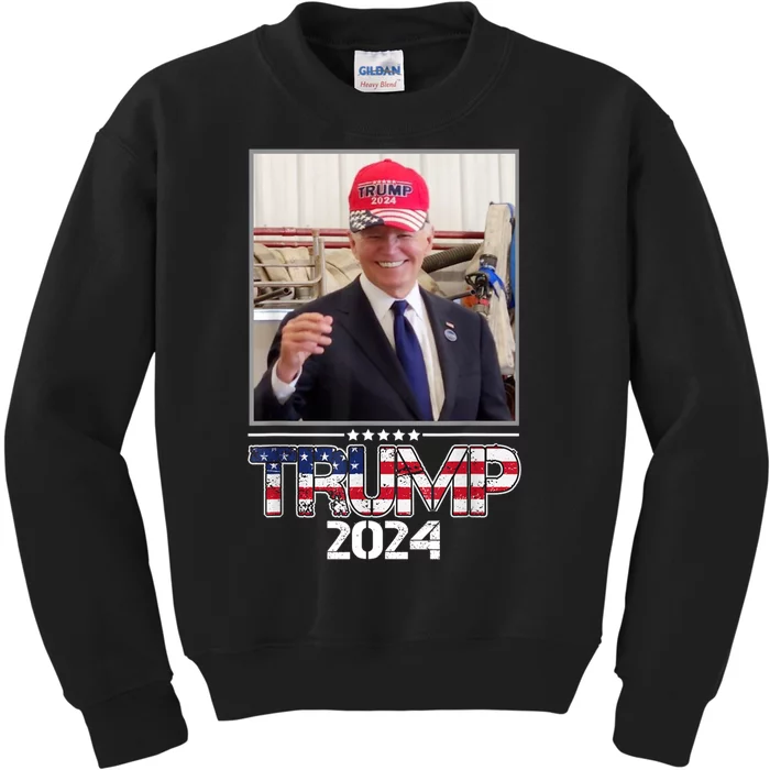 Joe Biden Wearing A Trump Hat Election 2024 Funny Kids Sweatshirt