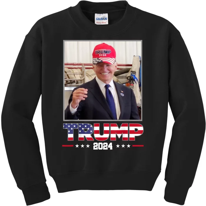 Joe Biden Wearing A Trump Hat Election 2024 Funny Kids Sweatshirt