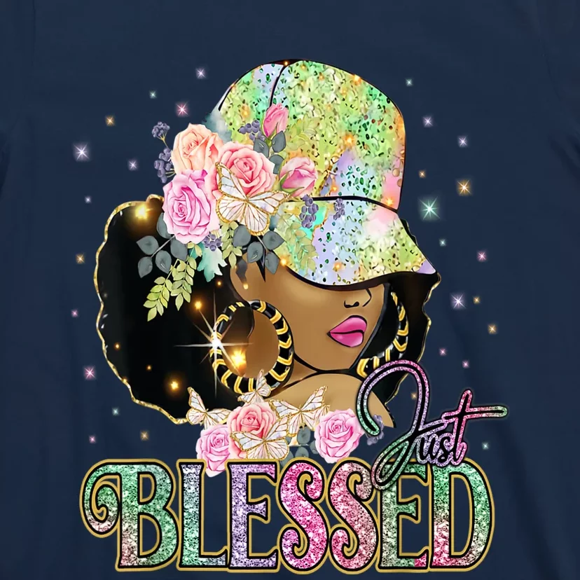 Just Blessed Woman's Cute Tops Religious Black Afro T-Shirt