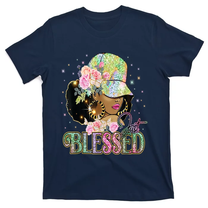 Just Blessed Woman's Cute Tops Religious Black Afro T-Shirt