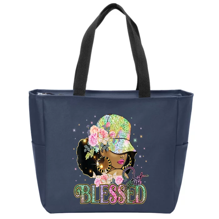 Just Blessed Woman's Cute Tops Religious Black Afro Zip Tote Bag