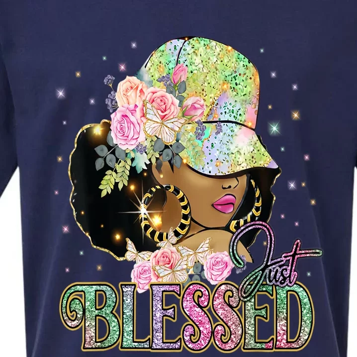 Just Blessed Woman's Cute Tops Religious Black Afro Sueded Cloud Jersey T-Shirt