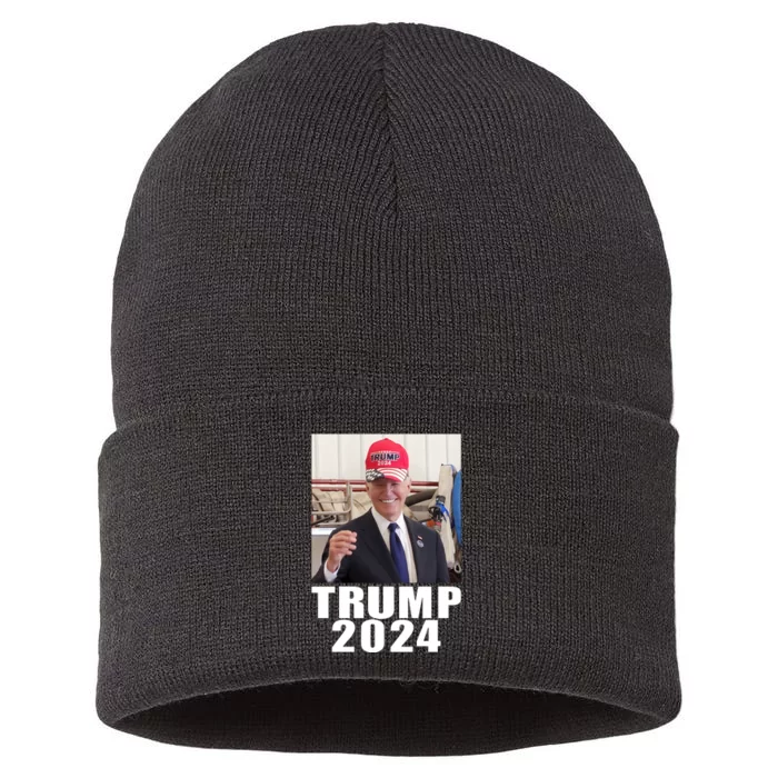 Joe Biden Wearing Trump 2024 Hat Sustainable Knit Beanie