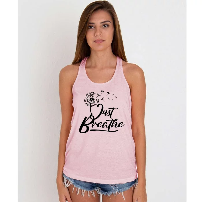 Just Breathe Yoga Meditation Mindfulness Dandelion Wind Funny Gift Women's Knotted Racerback Tank