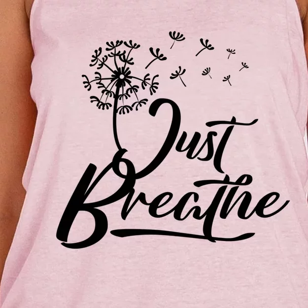 Just Breathe Yoga Meditation Mindfulness Dandelion Wind Funny Gift Women's Knotted Racerback Tank