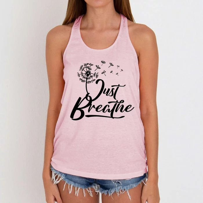 Just Breathe Yoga Meditation Mindfulness Dandelion Wind Funny Gift Women's Knotted Racerback Tank