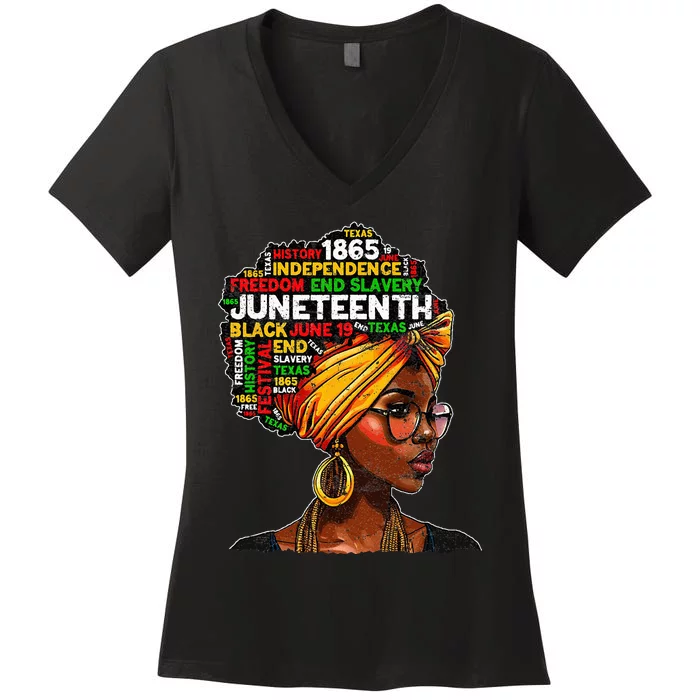 Juneteenth Celebrate 1865 Afro Black Natural Hair Wo Women's V-Neck T-Shirt