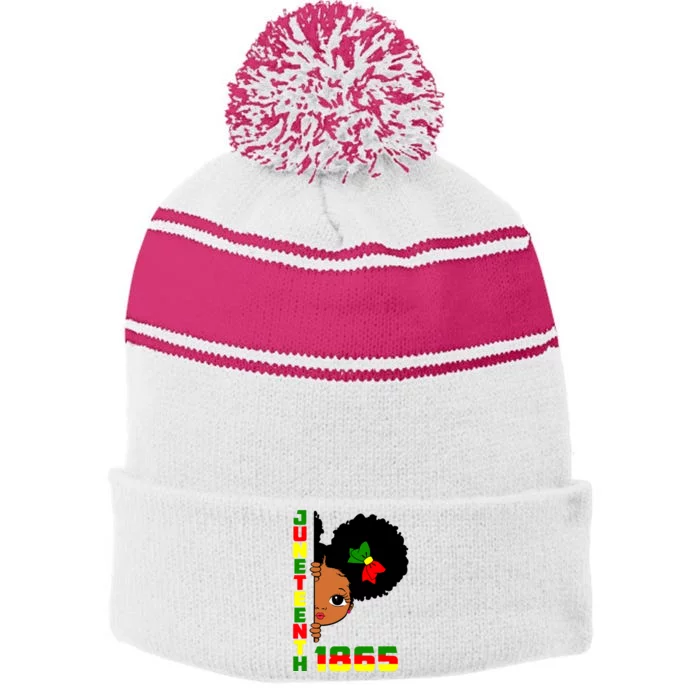 Juneteenth Celebrating 1865 Cute Black Girl Stripe Pom Pom Beanie